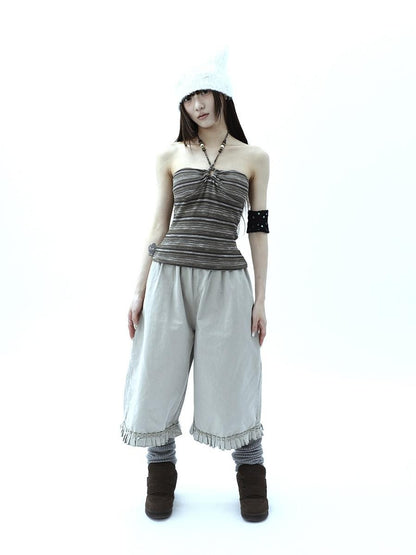ang project Vintage Variegated Stripe Padded V-neck Halter Women&