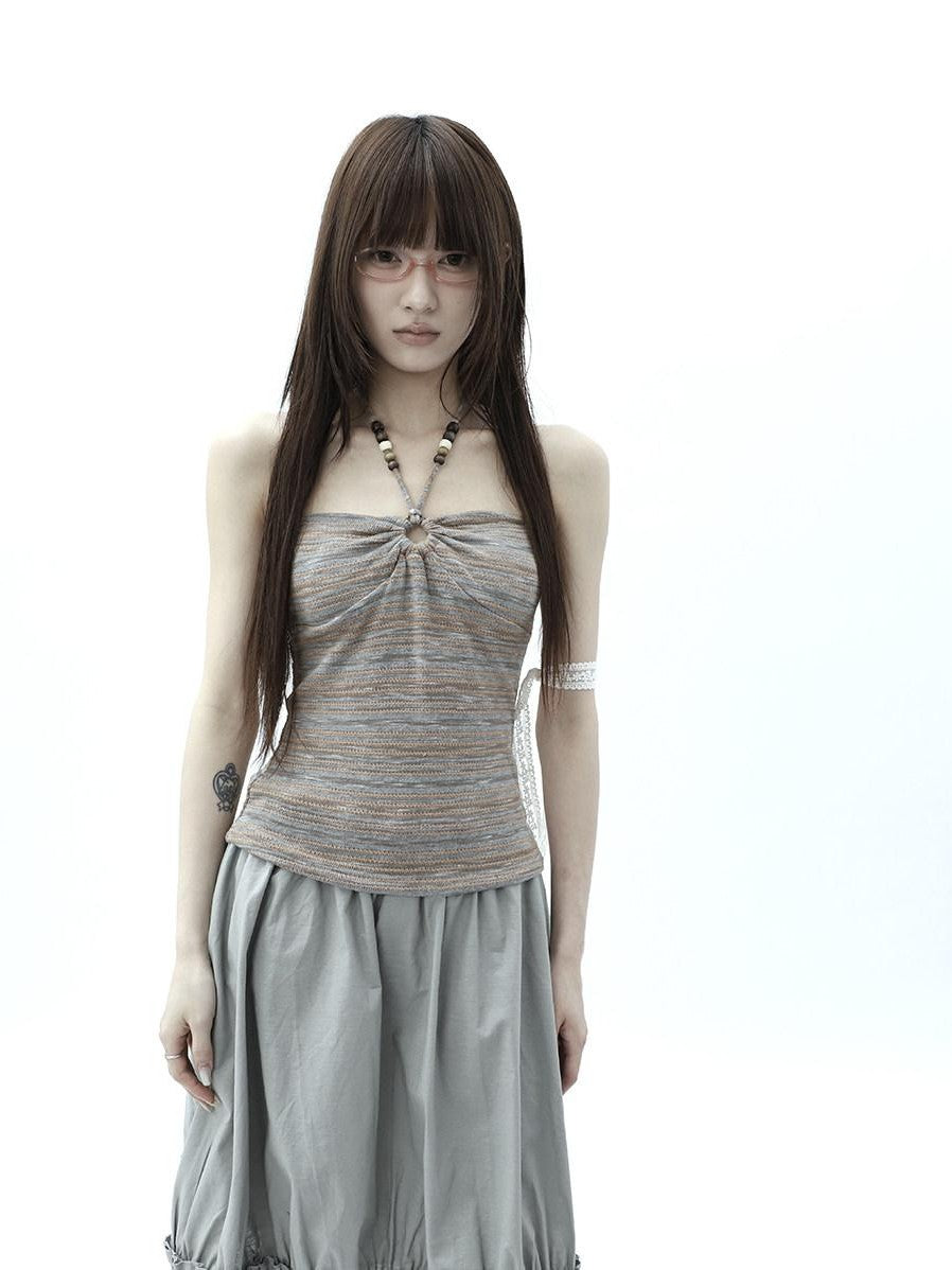 ang project Vintage Variegated Stripe Padded V-neck Halter Women&