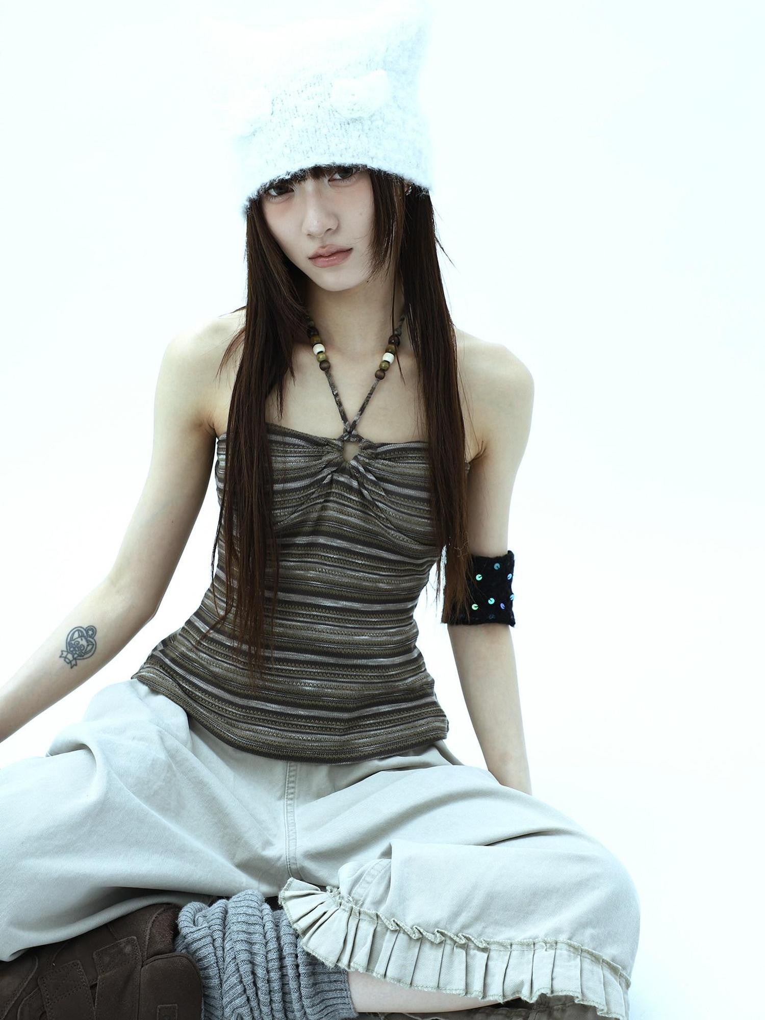 ang project Vintage Variegated Stripe Padded V-neck Halter Women&