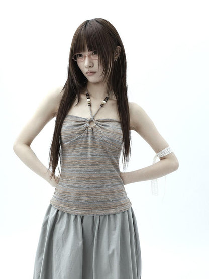 ang project Vintage Variegated Stripe Padded V-neck Halter Women&