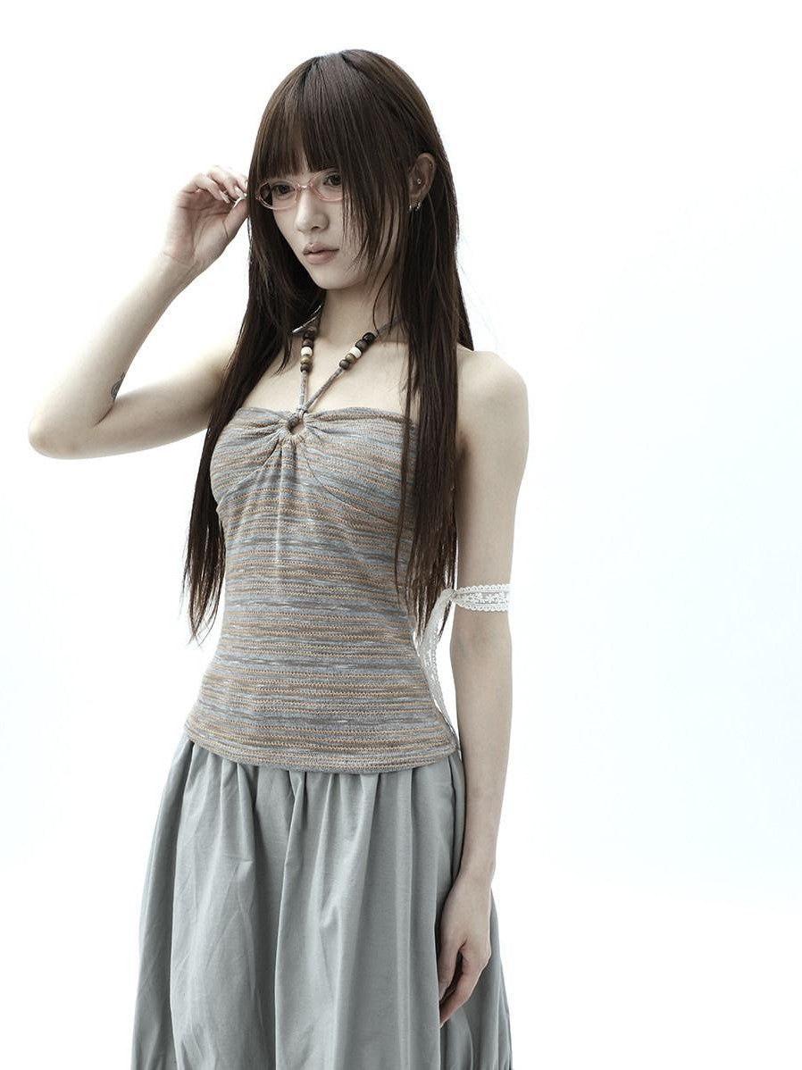 ang project Vintage Variegated Stripe Padded V-neck Halter Women&