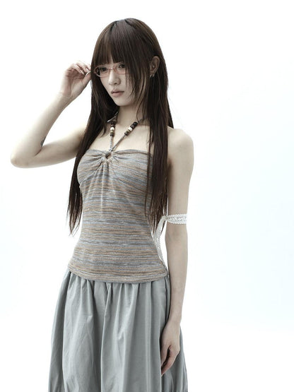 ang project Vintage Variegated Stripe Padded V-neck Halter Women&