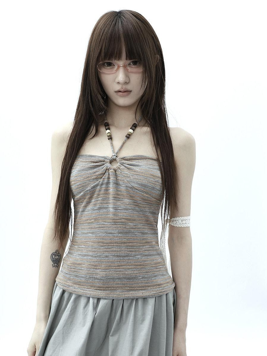 ang project Vintage Variegated Stripe Padded V-neck Halter Women&