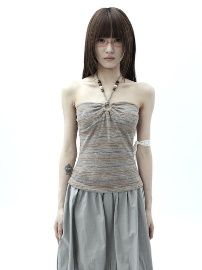 ang project Vintage Variegated Stripe Padded V-neck Halter Women&