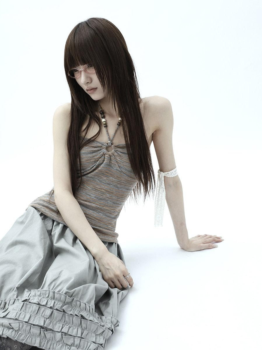 ang project Vintage Variegated Stripe Padded V-neck Halter Women&