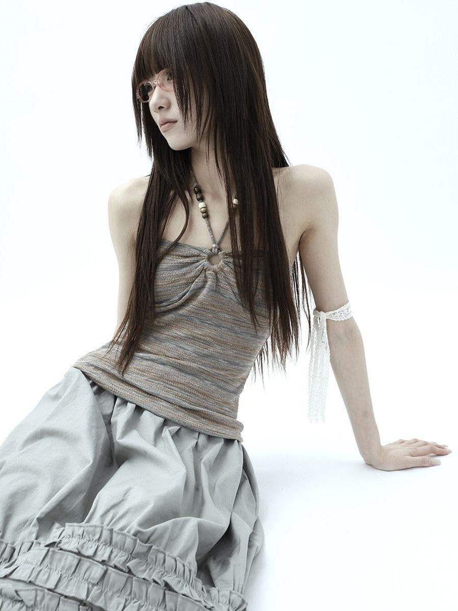 ang project Vintage Variegated Stripe Padded V-neck Halter Women&
