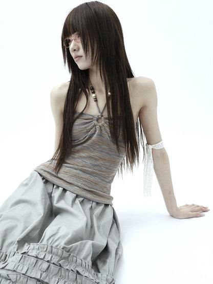 ang project Vintage Variegated Stripe Padded V-neck Halter Women&