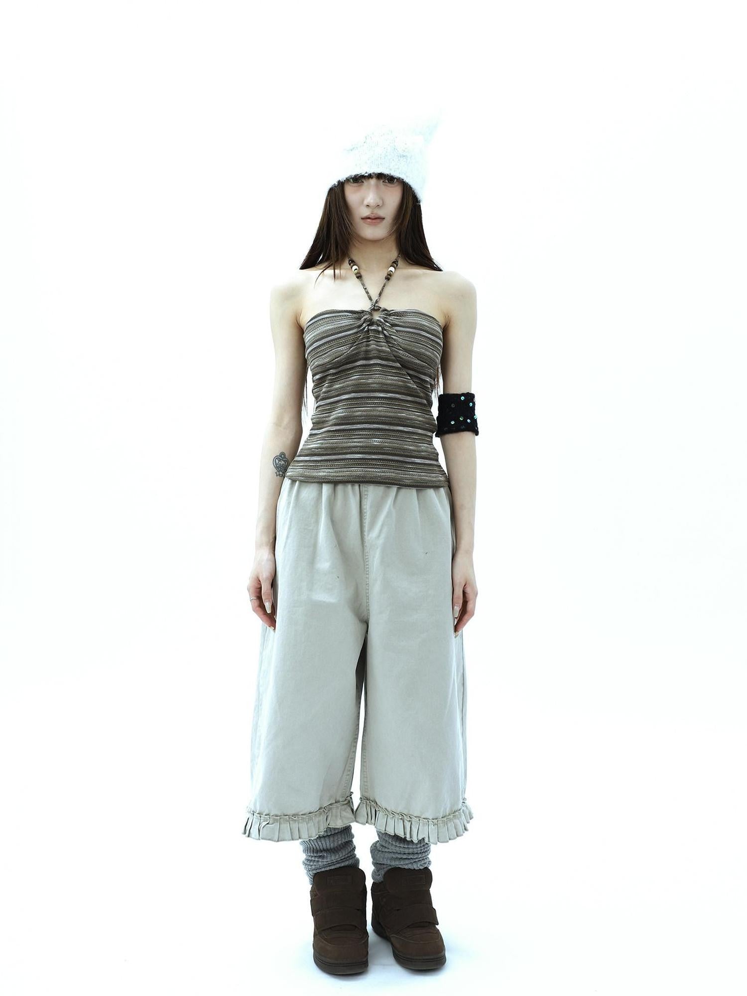 ang project Vintage Variegated Stripe Padded V-neck Halter Women&