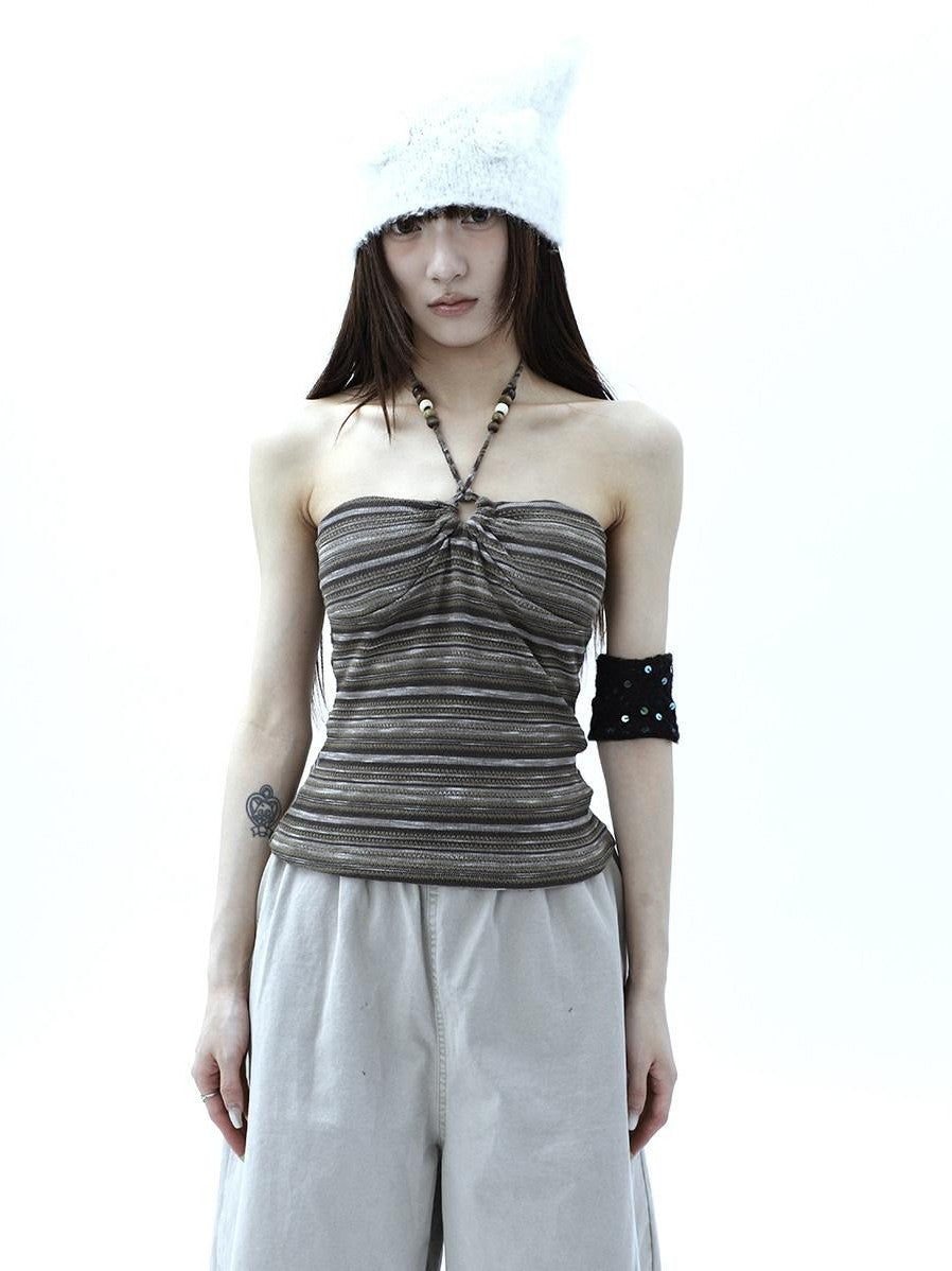 ang project Vintage Variegated Stripe Padded V-neck Halter Women&
