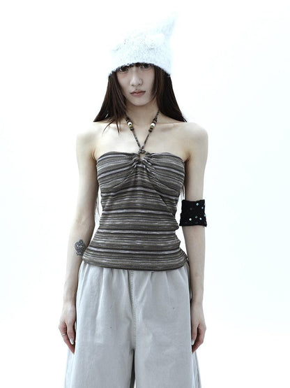 ang project Vintage Variegated Stripe Padded V-neck Halter Women&