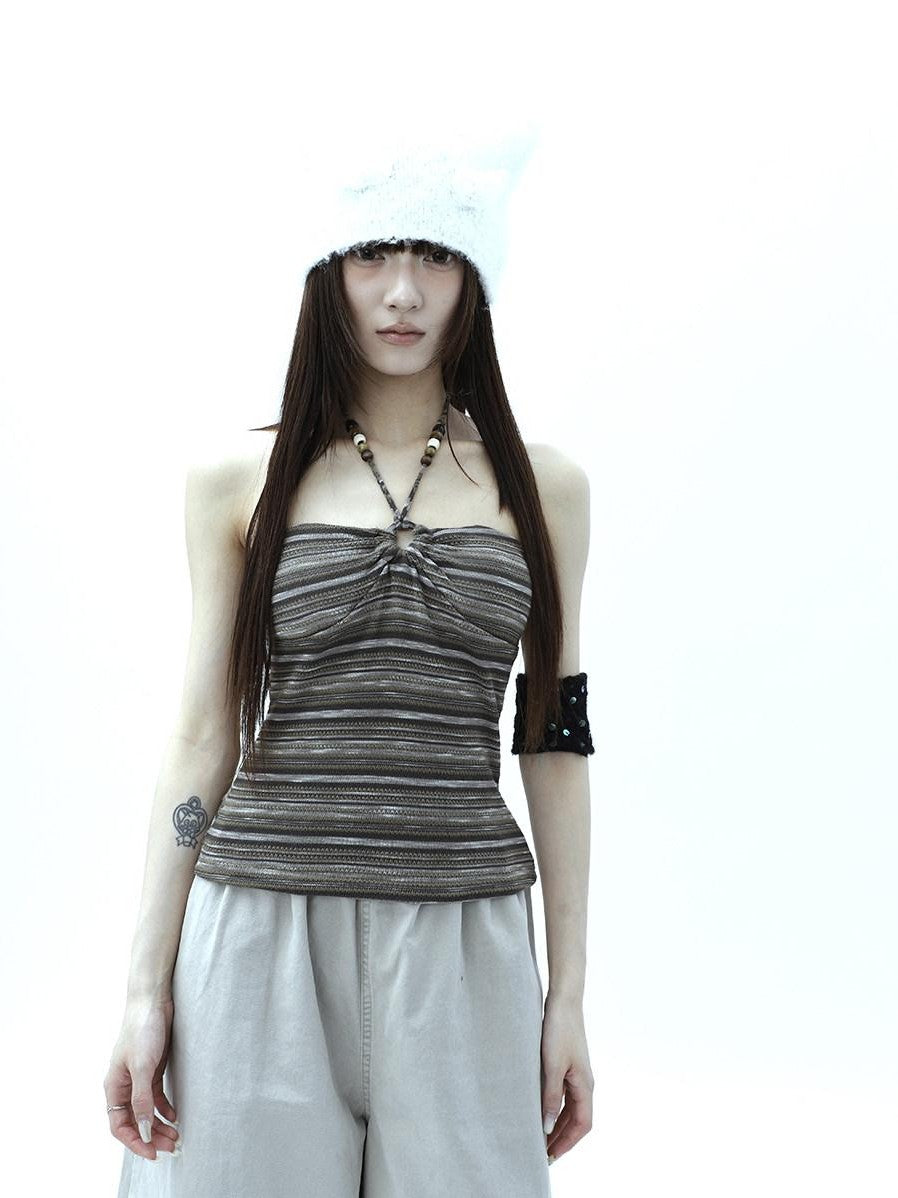 ang project Vintage Variegated Stripe Padded V-neck Halter Women&