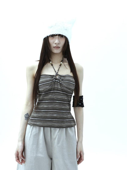 ang project Vintage Variegated Stripe Padded V-neck Halter Women&