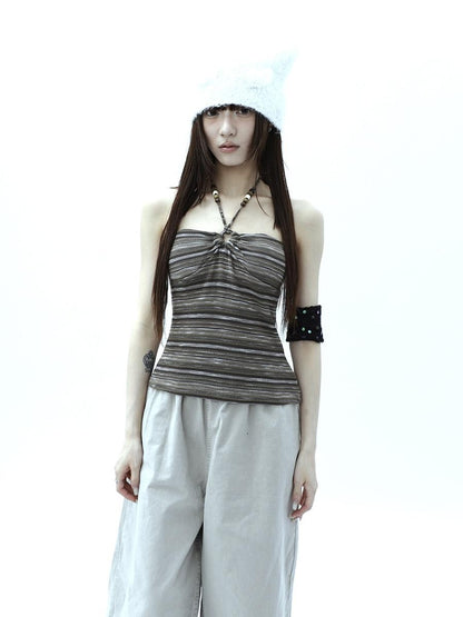 ang project Vintage Variegated Stripe Padded V-neck Halter Women&