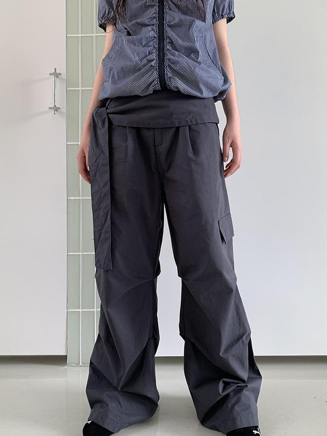 ang project Vintage Waist Tie Pleated High Waist Wide Leg Workwear Pants Set