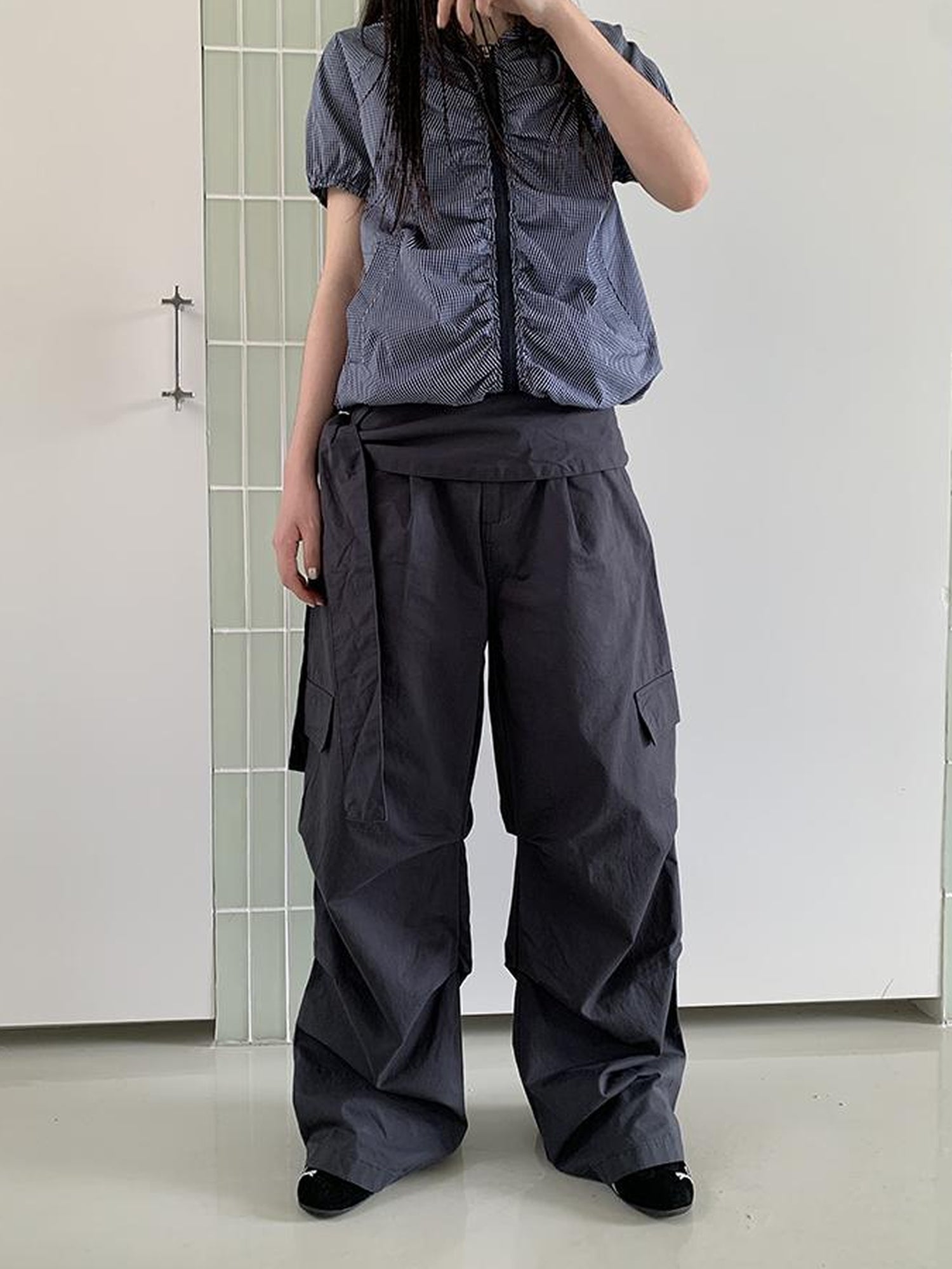 ang project Vintage Waist Tie Pleated High Waist Wide Leg Workwear Pants Set