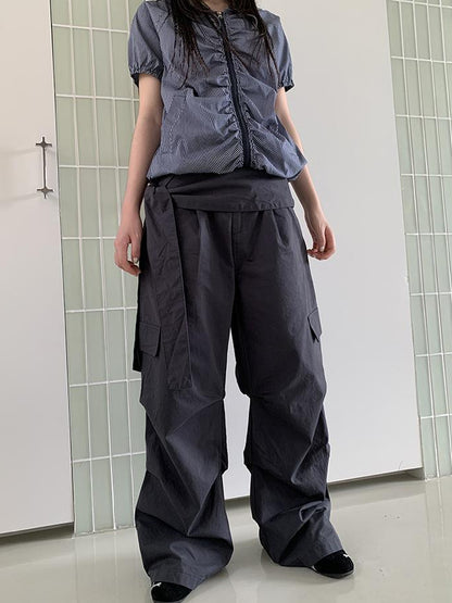 ang project Vintage Waist Tie Pleated High Waist Wide Leg Workwear Pants Set