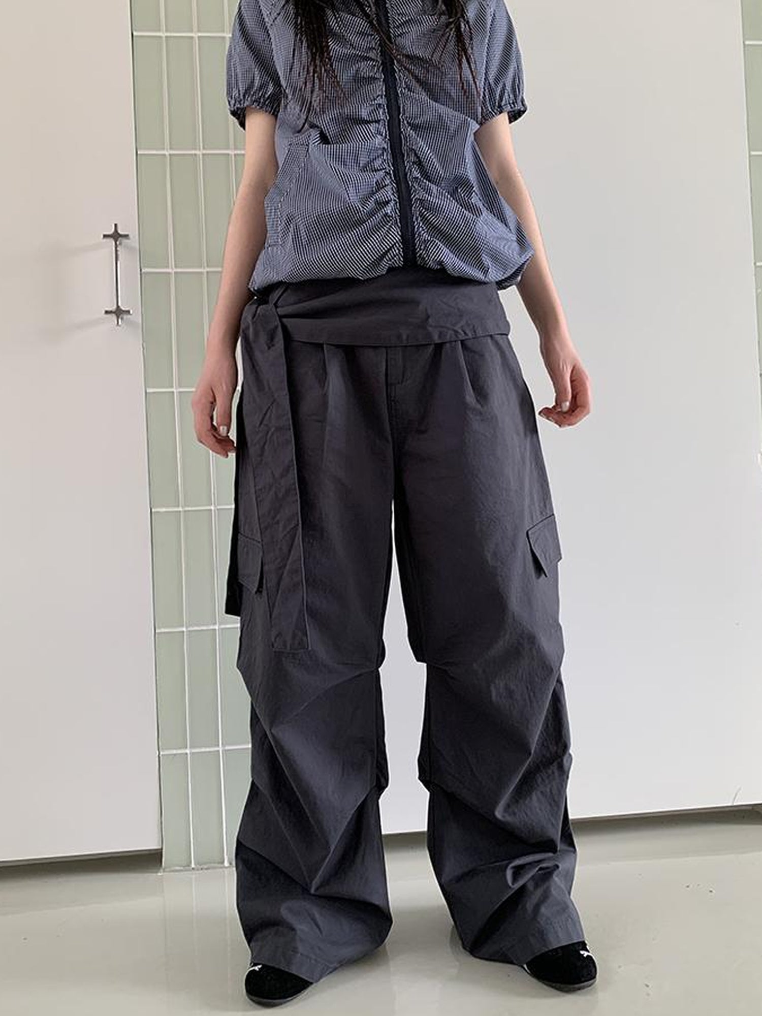 ang project Vintage Waist Tie Pleated High Waist Wide Leg Workwear Pants Set