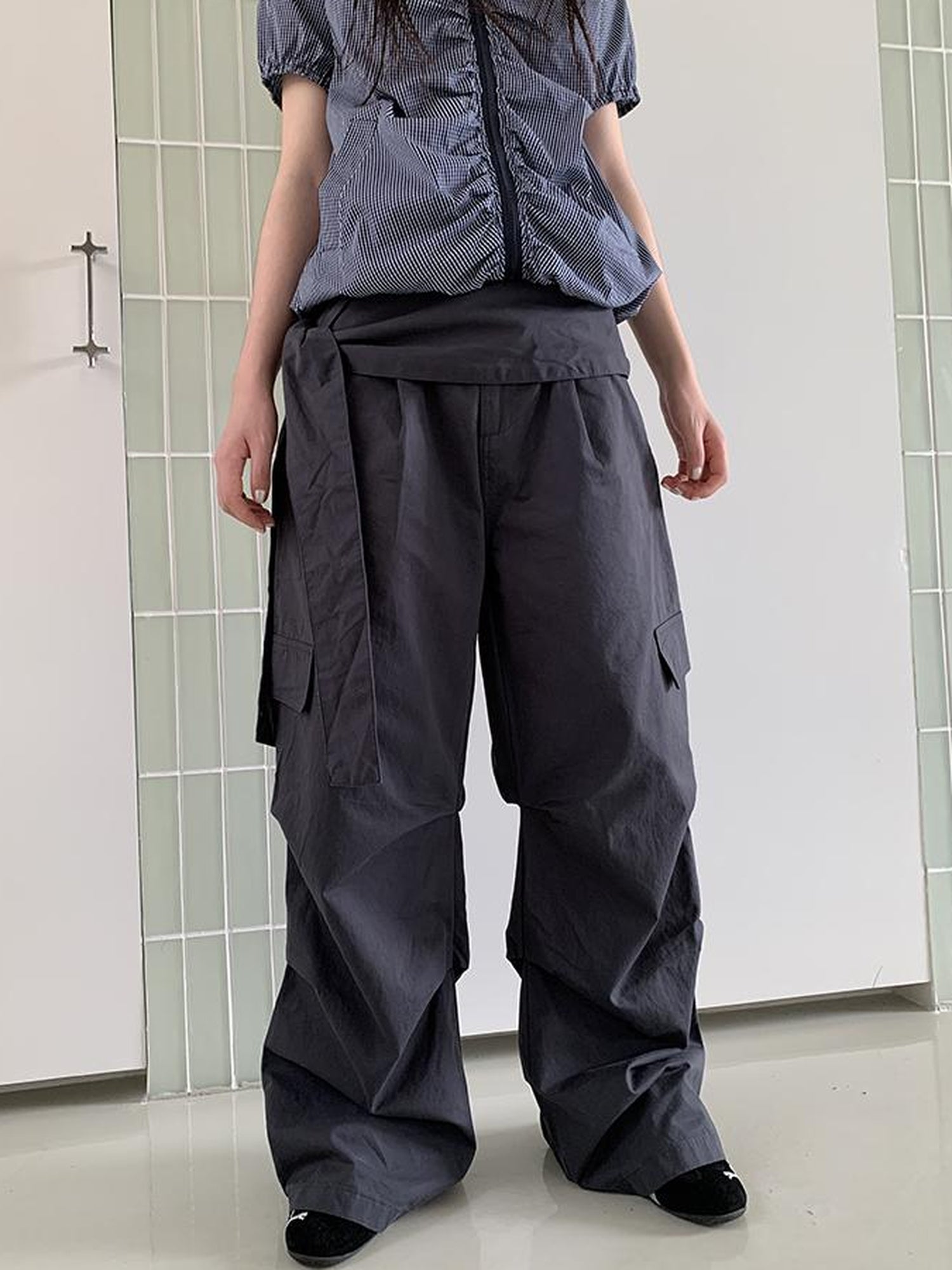 ang project Vintage Waist Tie Pleated High Waist Wide Leg Workwear Pants Set
