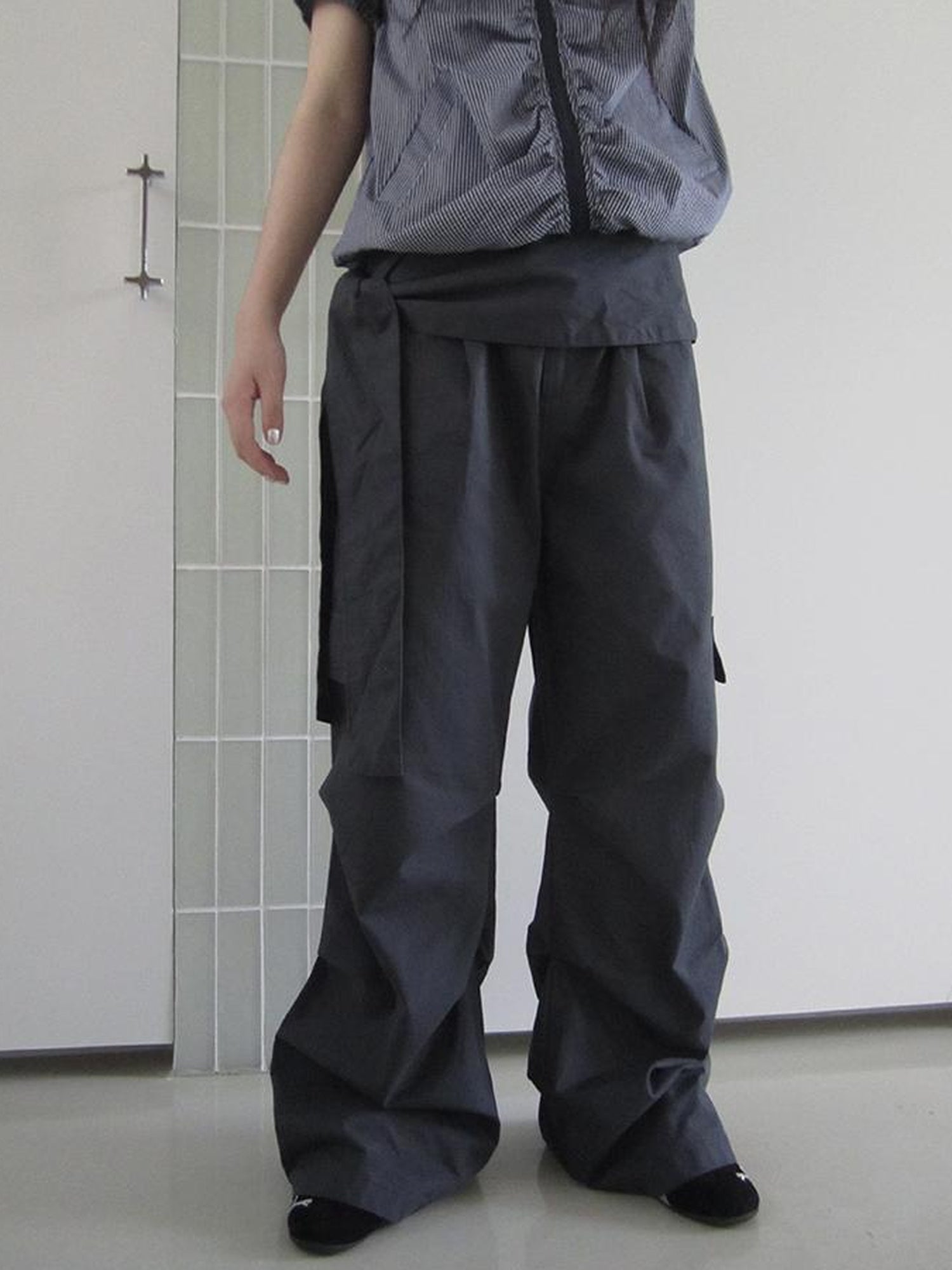 ang project Vintage Waist Tie Pleated High Waist Wide Leg Workwear Pants Set
