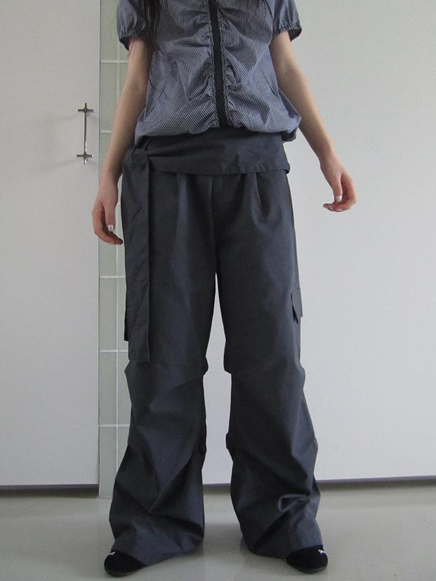 ang project Vintage Waist Tie Pleated High Waist Wide Leg Workwear Pants Set