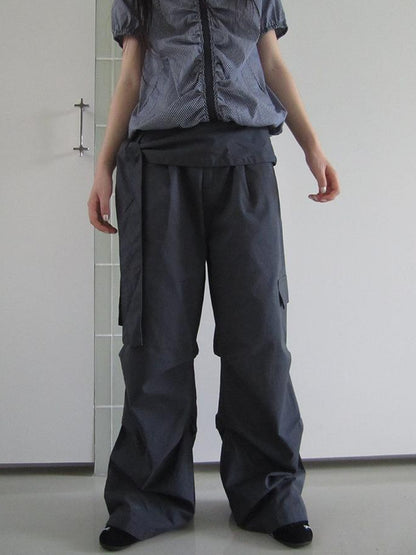 ang project Vintage Waist Tie Pleated High Waist Wide Leg Workwear Pants Set