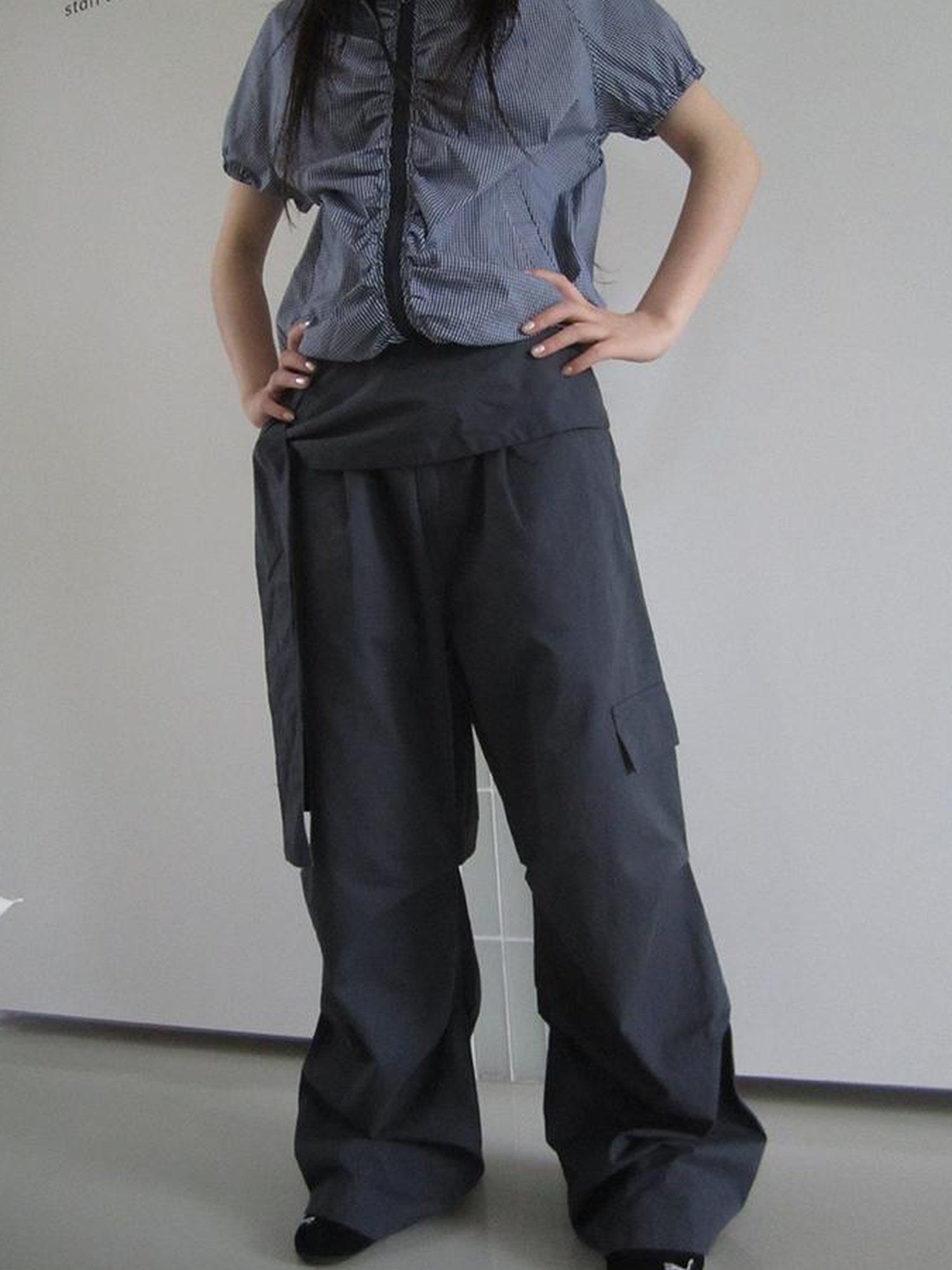 ang project Vintage Waist Tie Pleated High Waist Wide Leg Workwear Pants Set