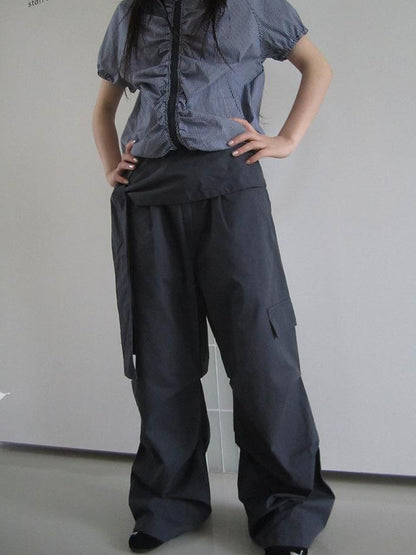 ang project Vintage Waist Tie Pleated High Waist Wide Leg Workwear Pants Set