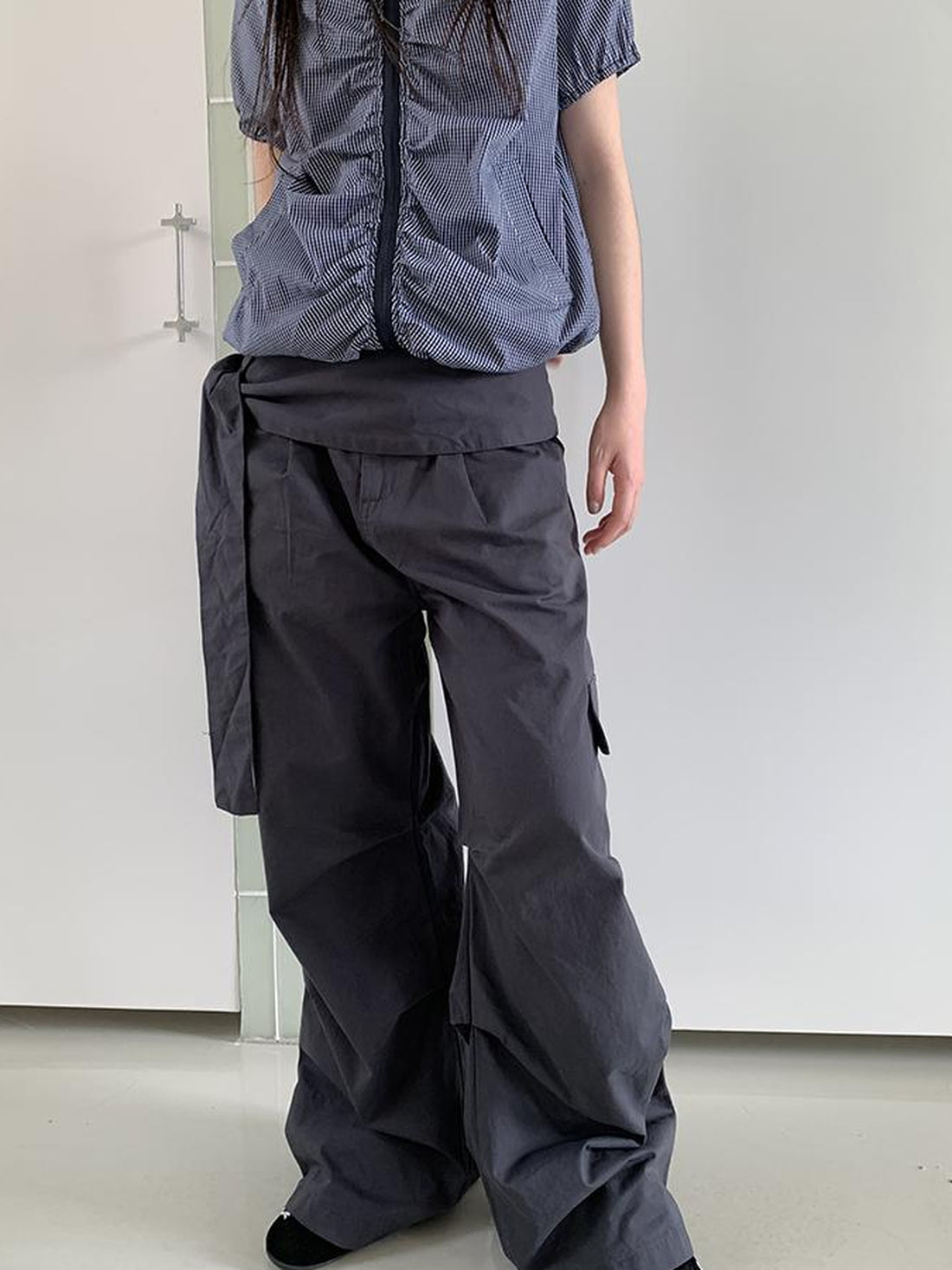 ang project Vintage Waist Tie Pleated High Waist Wide Leg Workwear Pants Set
