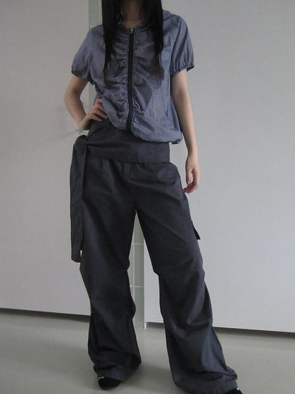 ang project Vintage Waist Tie Pleated High Waist Wide Leg Workwear Pants Set