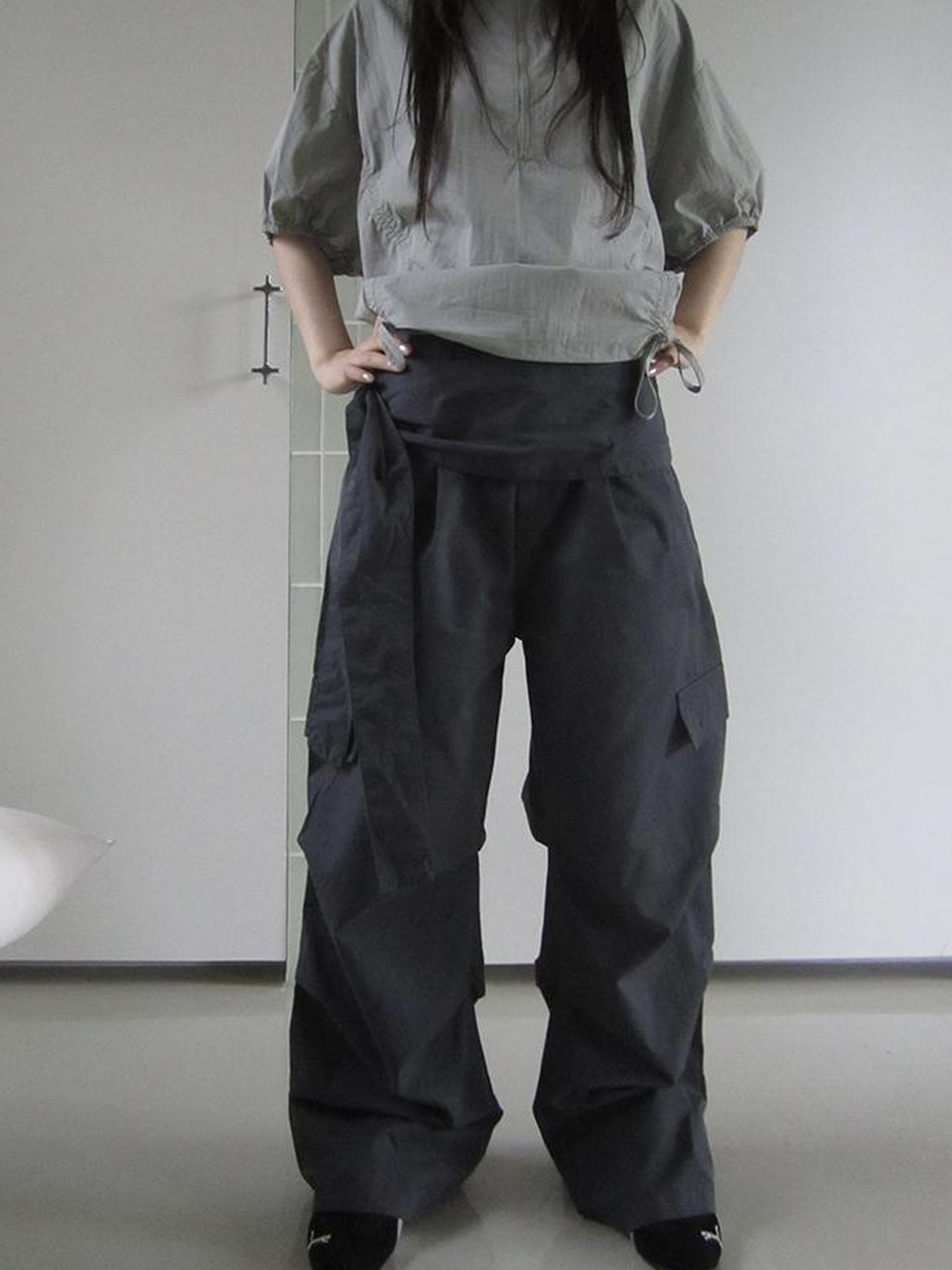 ang project Vintage Waist Tie Pleated High Waist Wide Leg Workwear Pants Set