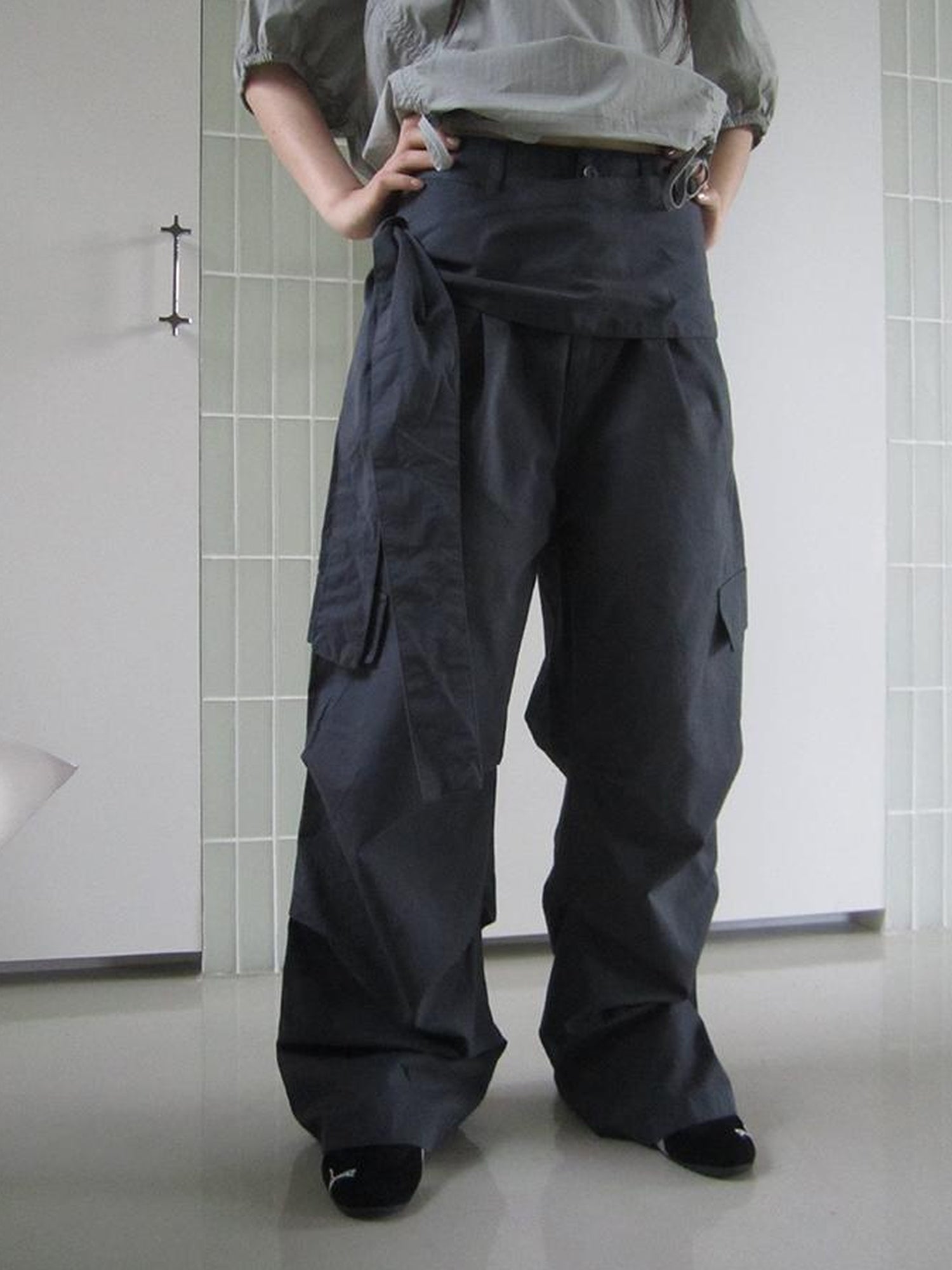 ang project Vintage Waist Tie Pleated High Waist Wide Leg Workwear Pants Set