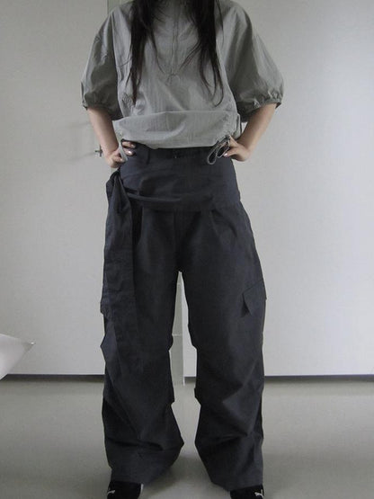 ang project Vintage Waist Tie Pleated High Waist Wide Leg Workwear Pants Set