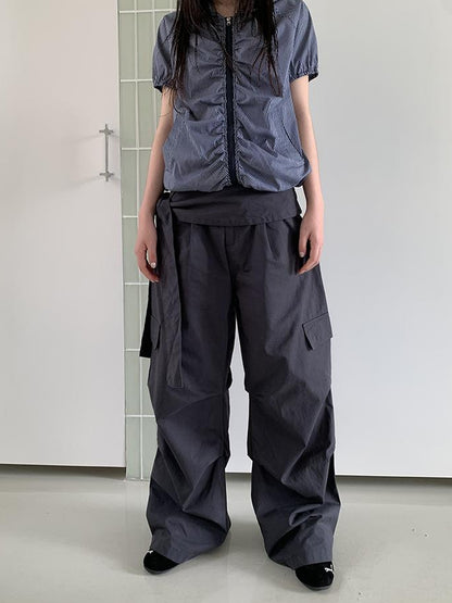 ang project Vintage Waist Tie Pleated High Waist Wide Leg Workwear Pants Set