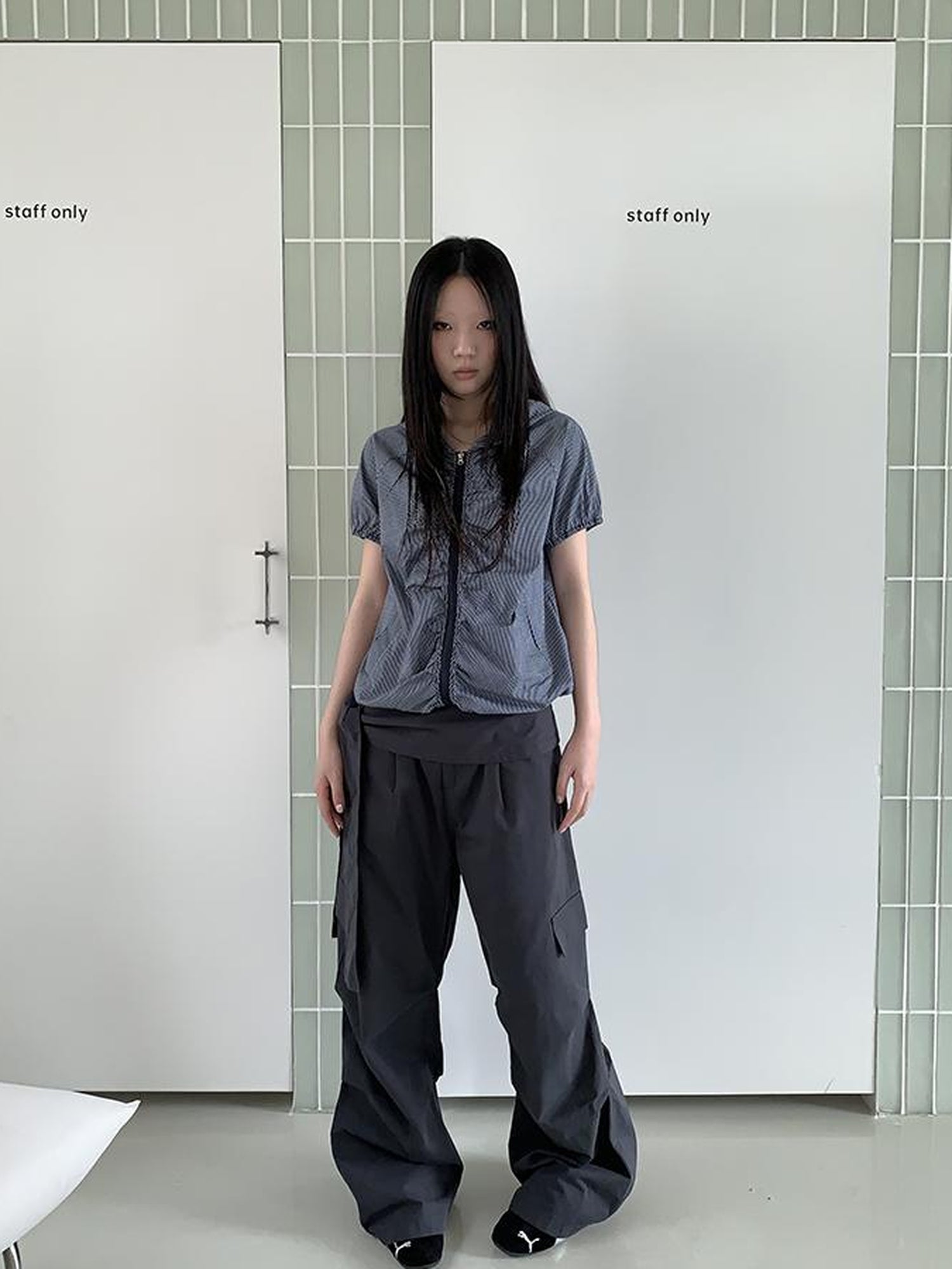 ang project Vintage Waist Tie Pleated High Waist Wide Leg Workwear Pants Set