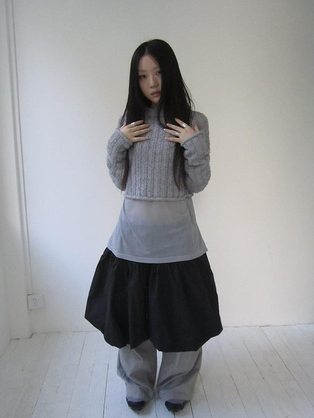 ang project Vintage Waist Tie Pure Color Puffy Skirt