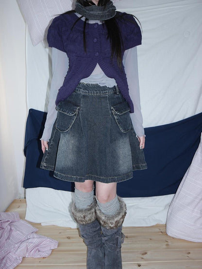ang project Vintage Wash Distressed Pleated 3d Pocket A Line Women&
