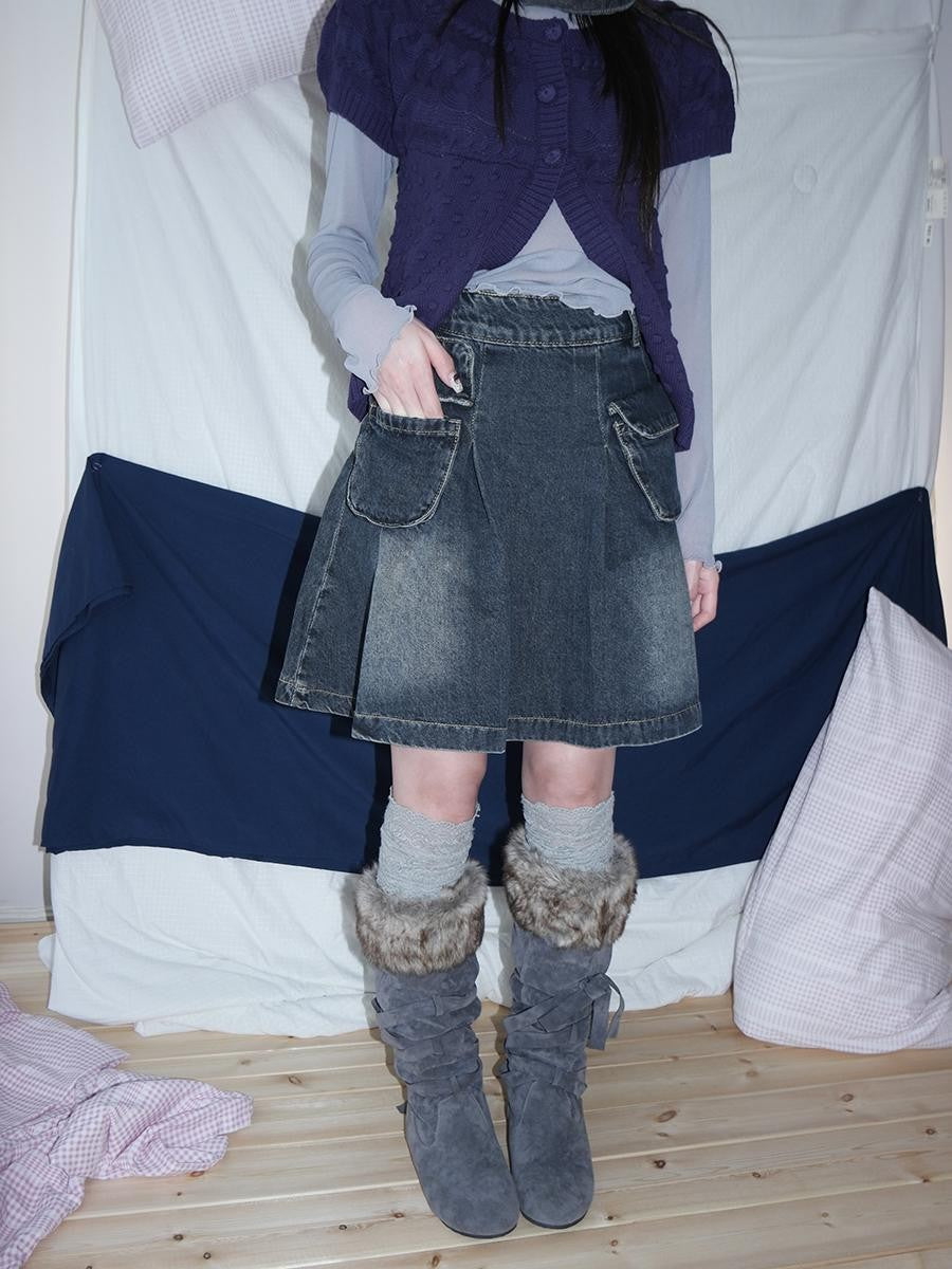 ang project Vintage Wash Distressed Pleated 3d Pocket A Line Women&