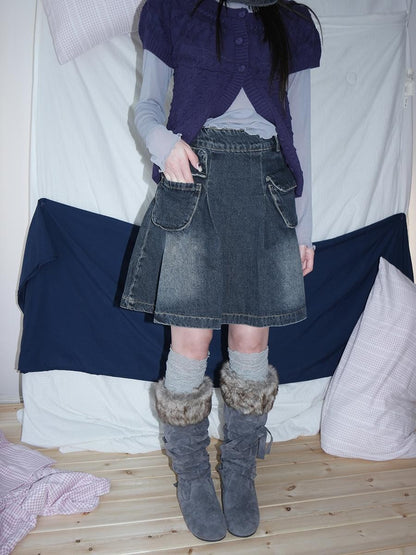 ang project Vintage Wash Distressed Pleated 3d Pocket A Line Women&