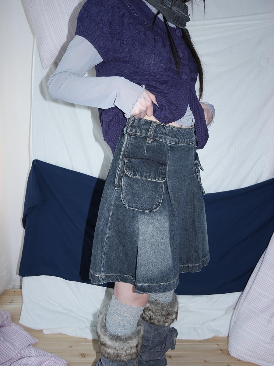 ang project Vintage Wash Distressed Pleated 3d Pocket A Line Women&