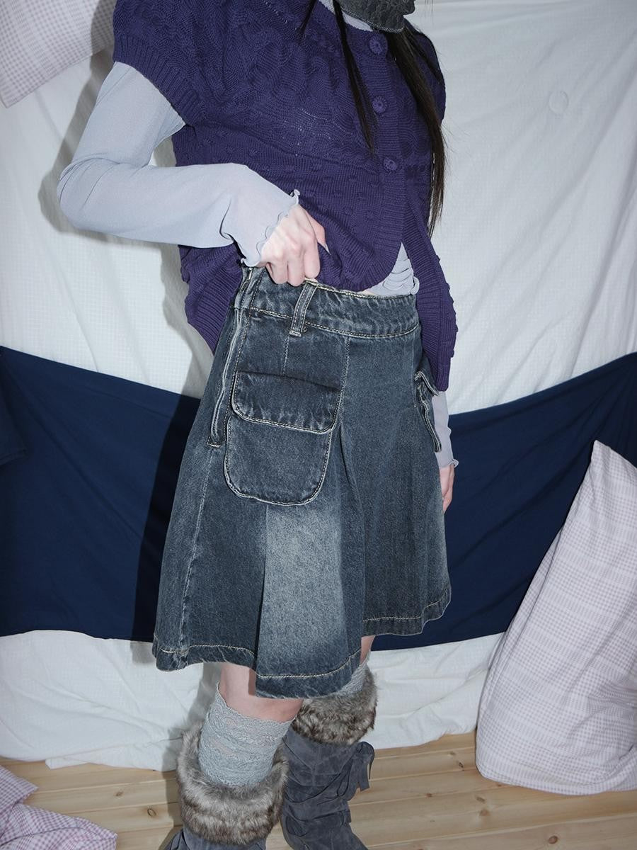 ang project Vintage Wash Distressed Pleated 3d Pocket A Line Women&