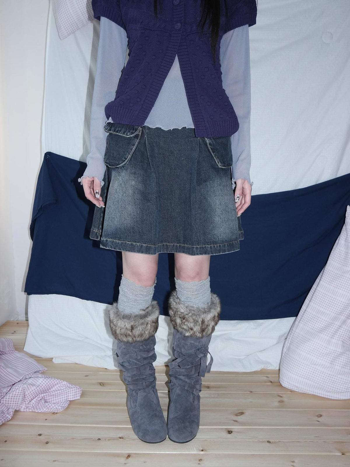 ang project Vintage Wash Distressed Pleated 3d Pocket A Line Women&