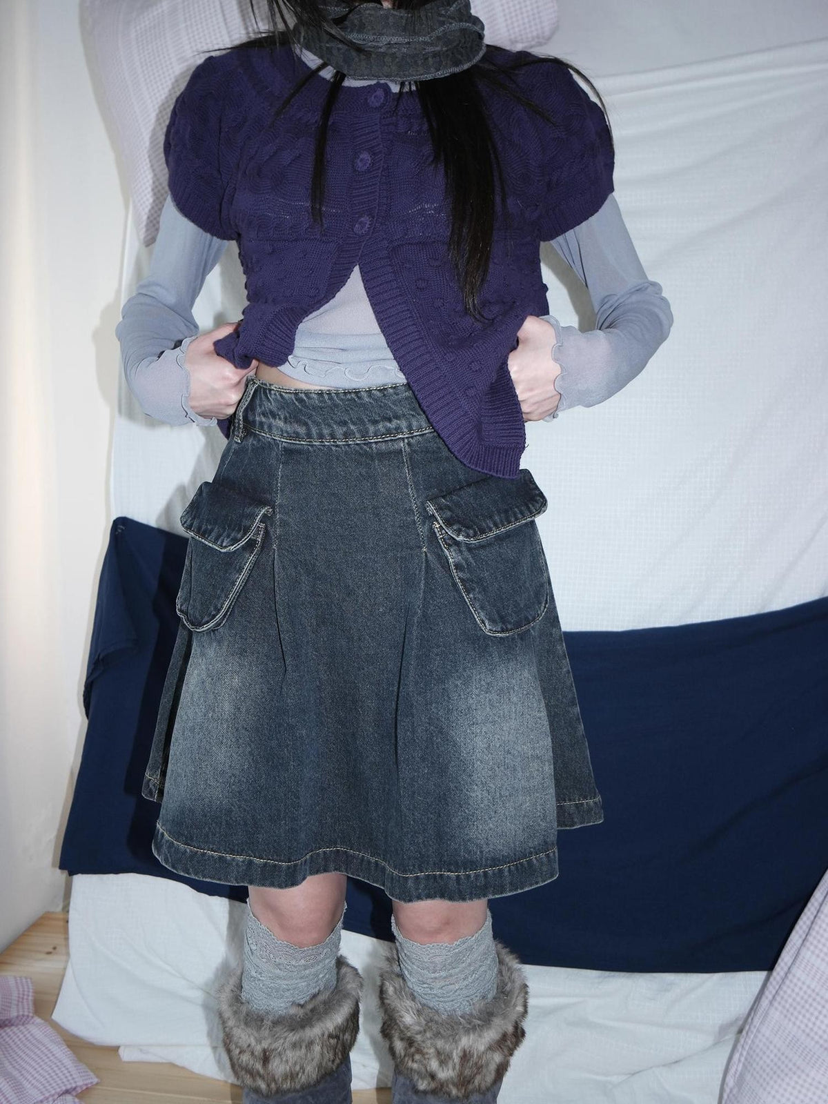 ang project Vintage Wash Distressed Pleated 3d Pocket A Line Women&