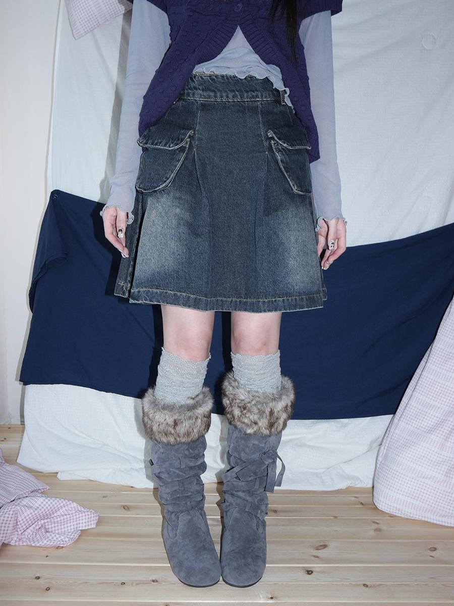 ang project Vintage Wash Distressed Pleated 3d Pocket A Line Women&