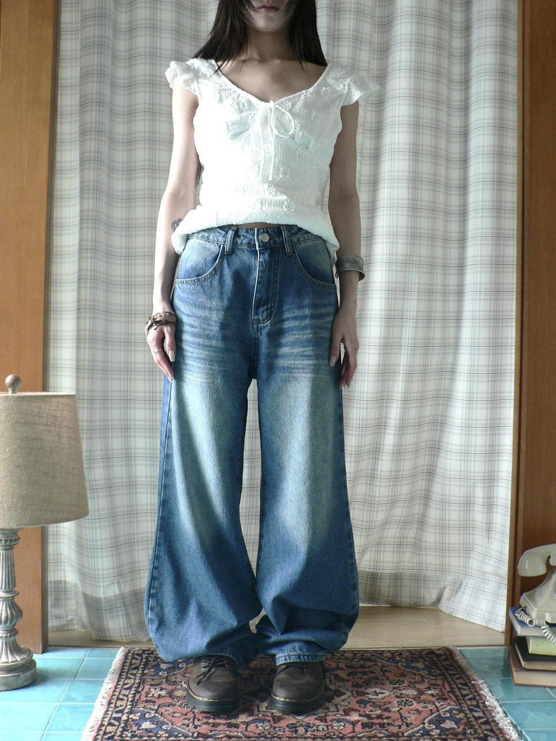 ang project Vintage Wash Whisker Distressed Straight Zip Fly Women&