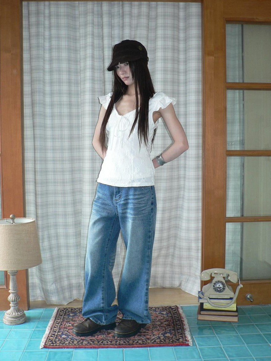 ang project Vintage Wash Whisker Distressed Straight Zip Fly Women&