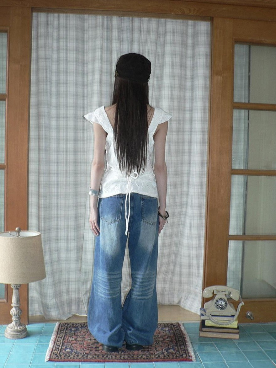 ang project Vintage Wash Whisker Distressed Straight Zip Fly Women&