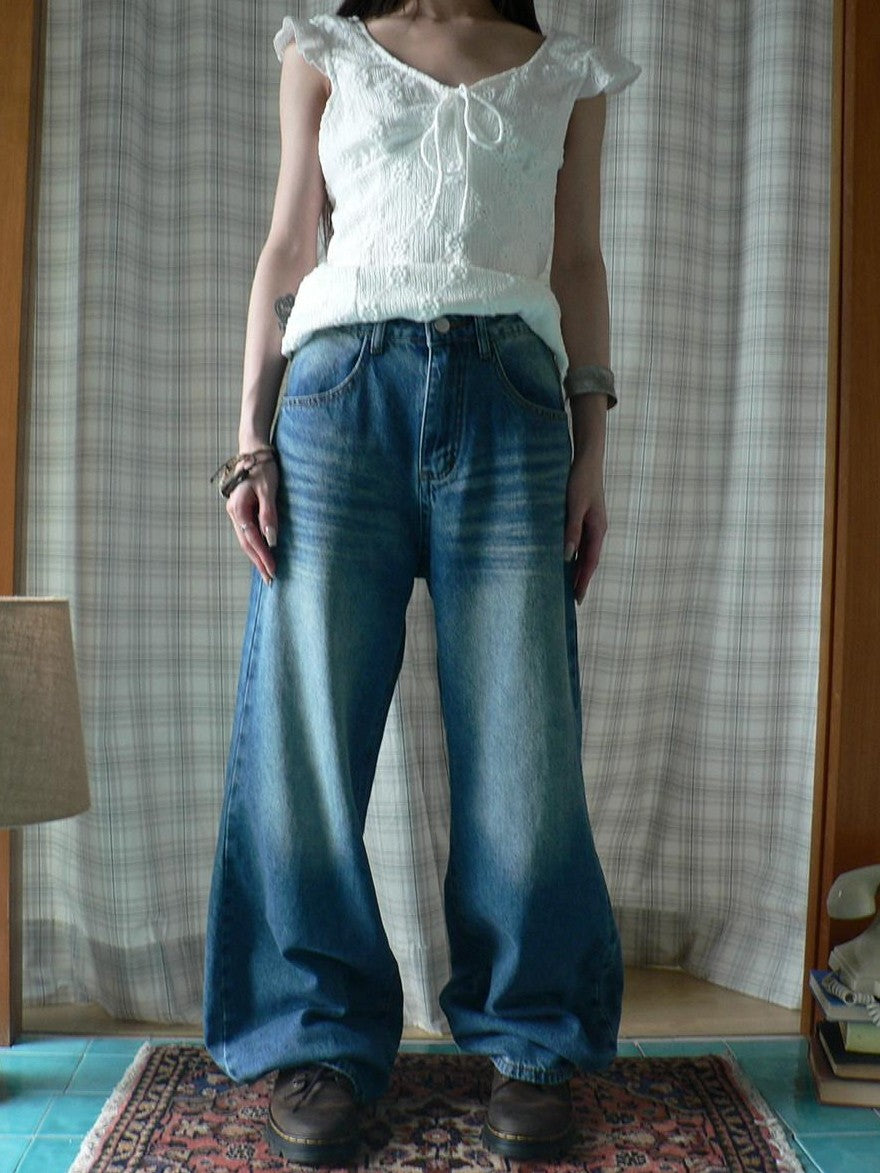 ang project Vintage Wash Whisker Distressed Straight Zip Fly Women&