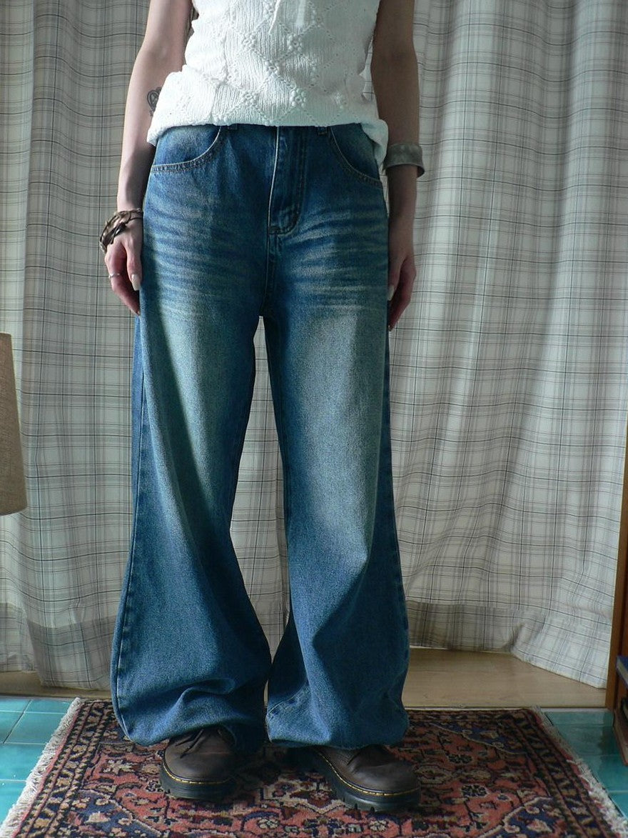 ang project Vintage Wash Whisker Distressed Straight Zip Fly Women&