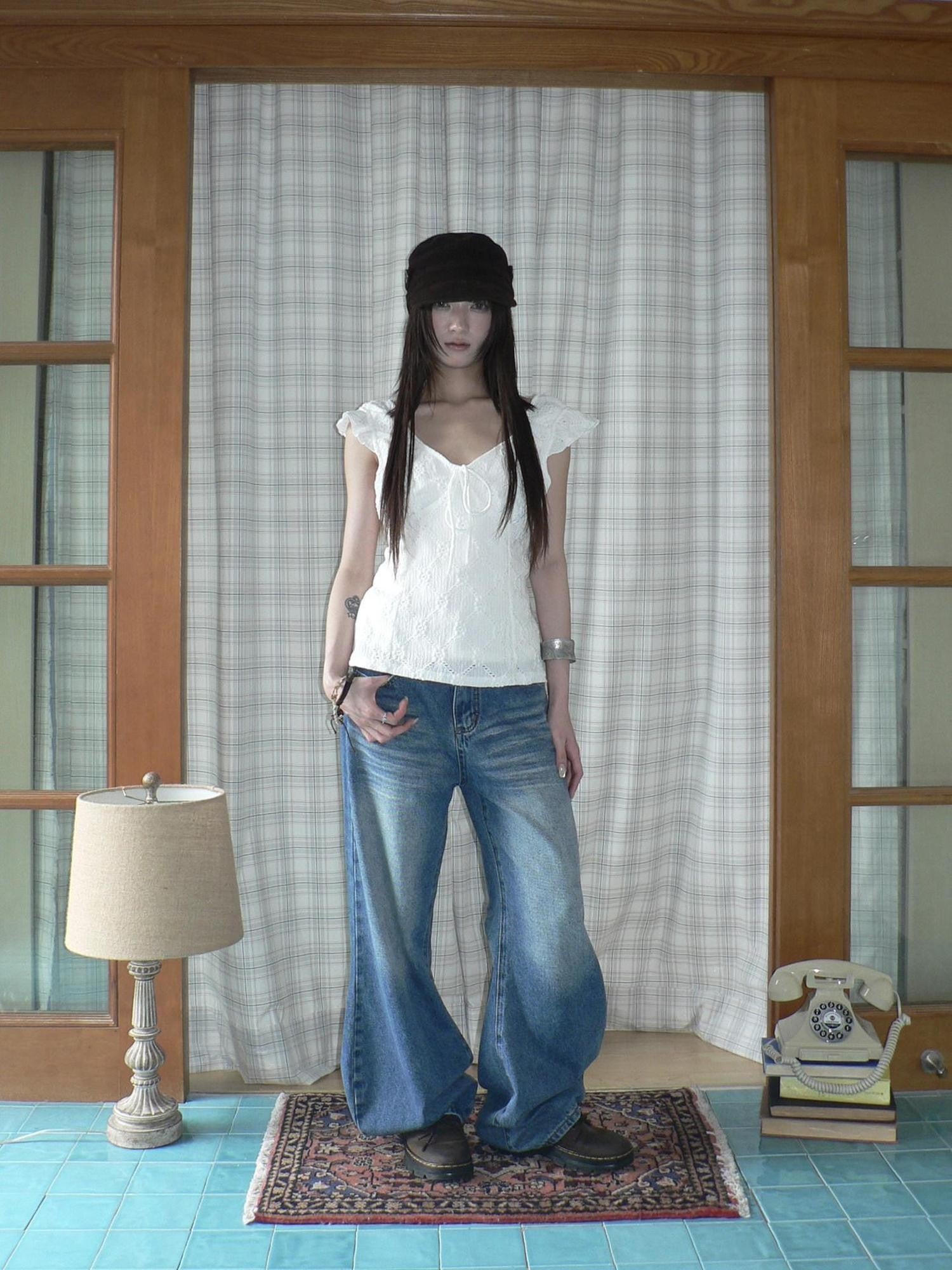 ang project Vintage Wash Whisker Distressed Straight Zip Fly Women&