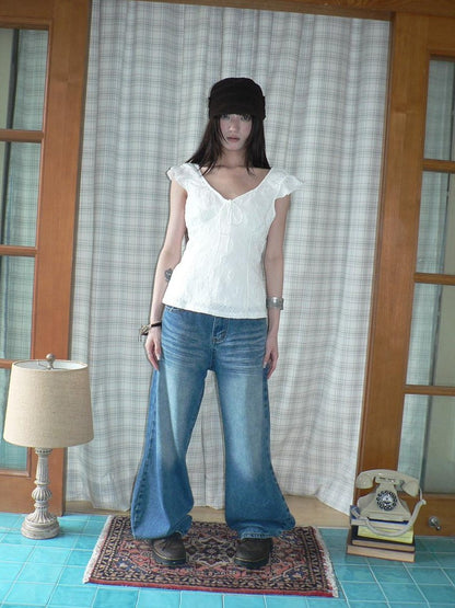 ang project Vintage Wash Whisker Distressed Straight Zip Fly Women&
